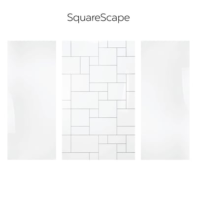 Juego de tres paneles acrílicos para pared de ducha Ella SquareScape con diseño CNC de azulejos cuadrados geométricos en el panel central.