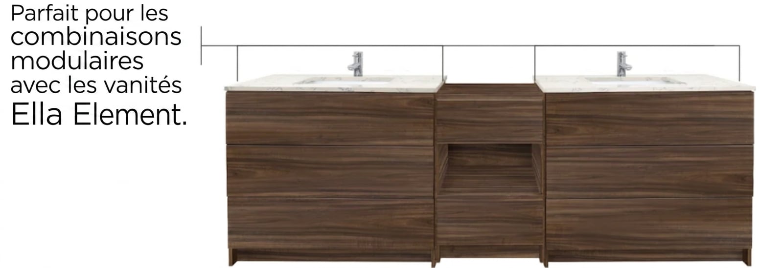 Ensemble de vanité modulaire Ella Element avec double vasque, finition bois de noyer, comptoir en marbre et espace ouvert pour les genoux