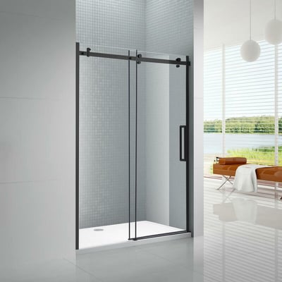 Ella Primo frameless sliding shower door with matte black hardware and clear tempered glass panel on white shower base
