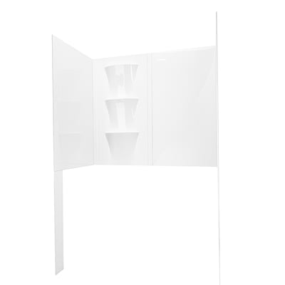 Kit d’habillage mural de baignoire à porte en acrylique blanc 6 panneaux avec étagères d’angle intégrées, présenté entièrement assemblé sur fond blanc