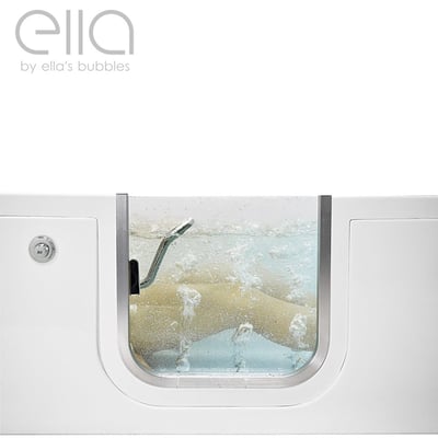 Gros plan de la porte à ouverture intérieure transparente de la baignoire à porte allongée Ella's Bubbles avec jets d'hydromassage bouillonnants actifs à l'intérieur
