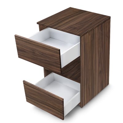 Mueble modular de suelo Ella Element con dos cajones abiertos que muestran el almacenamiento interior blanco, en acabado madera de nogal