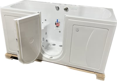Baignoire à porte deux places Ella Big4Two avec porte battante vers l’extérieur ouverte, montrant les jets d’hydromassage, le sol antidérapant et la zone d’assise double