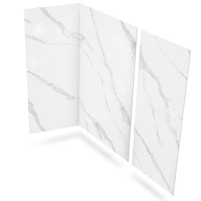 Three-panel Calacatta Lux shower wall surround kit with white marble-look finish and gray veining pattern