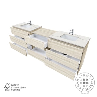 Meuble-lavabo de salle de bain en bois de chêne à double vasque avec tiroirs ouverts révélant des rangements, comptoirs de style marbre et robinets chromés