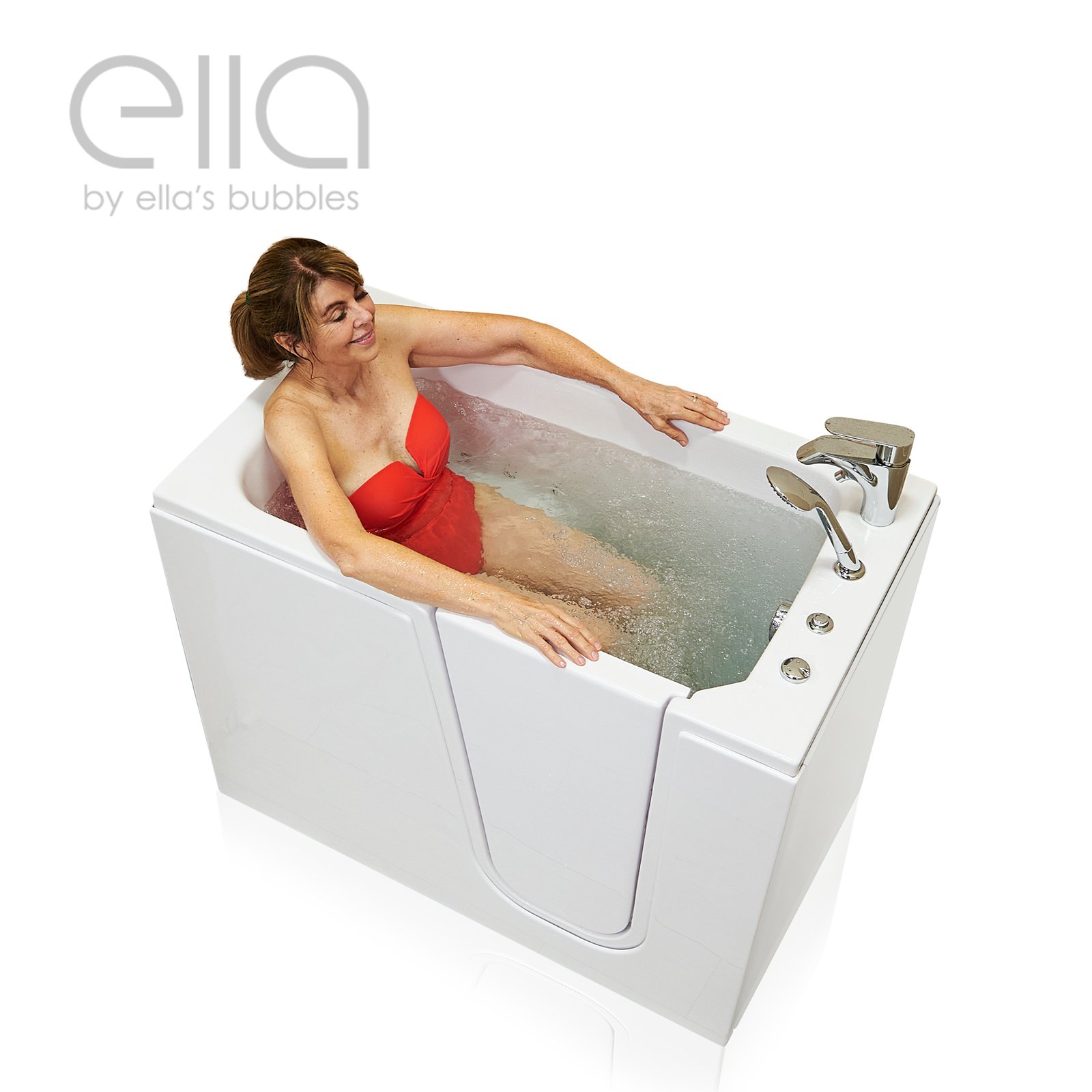 Woman in red swimsuit smiling while relaxing in the Ella Flow walk-in tub with hydro therapy massage jets active