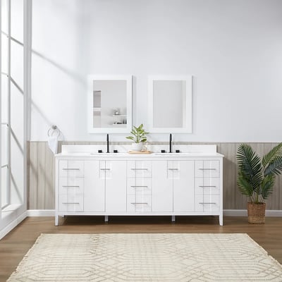 Meuble-lavabo de salle de bains moderne Florence sur pied avec plan en quartz blanc massif -