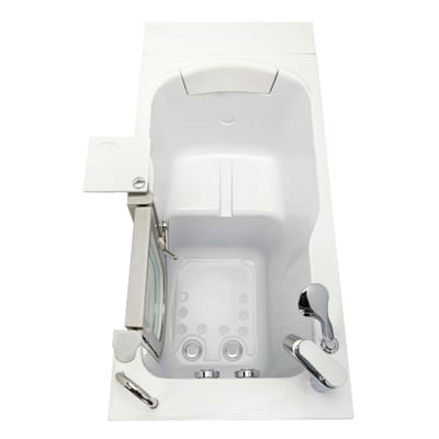 Overhead view of Ella Elite walk-in tub interior showing anti-slip floor mat, jet outlets, chrome faucet, and side door with swivel tray