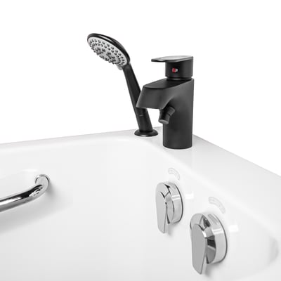 Close-up of a matte black fast fill faucet with handheld showerhead and chrome jet controls on a walk-in tub
