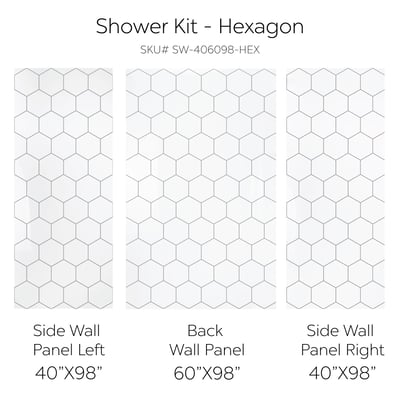 Hexagon pattern acrylic shower wall panels shown as left, back and right panels sized 40 and 60 by 98 inches