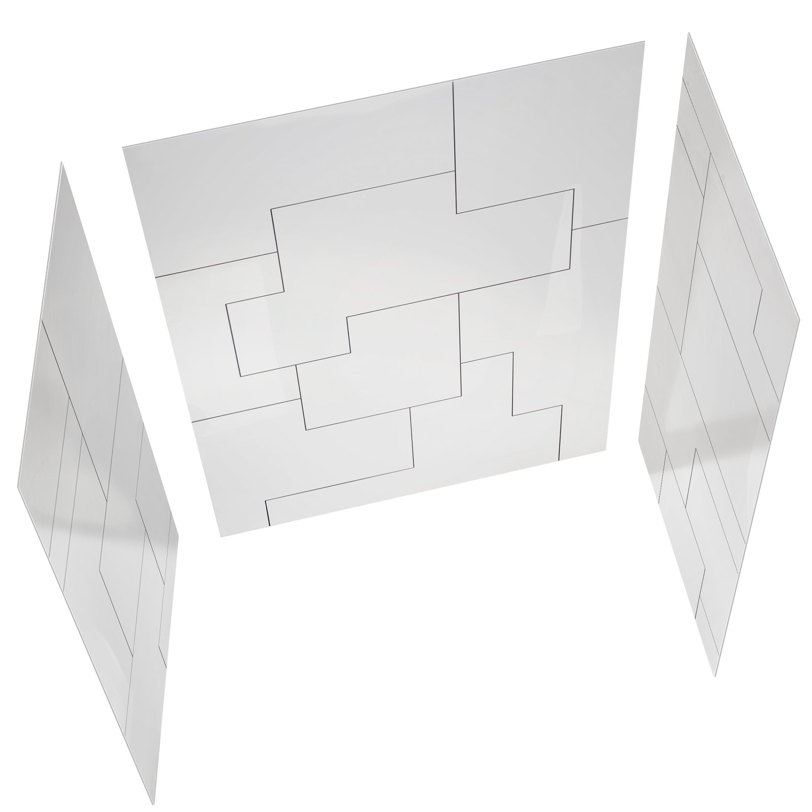 Kit de revestimiento de pared de ducha de tres paneles blancos con patrón de azulejos geométricos grabados por CNC en los paneles centrales y laterales