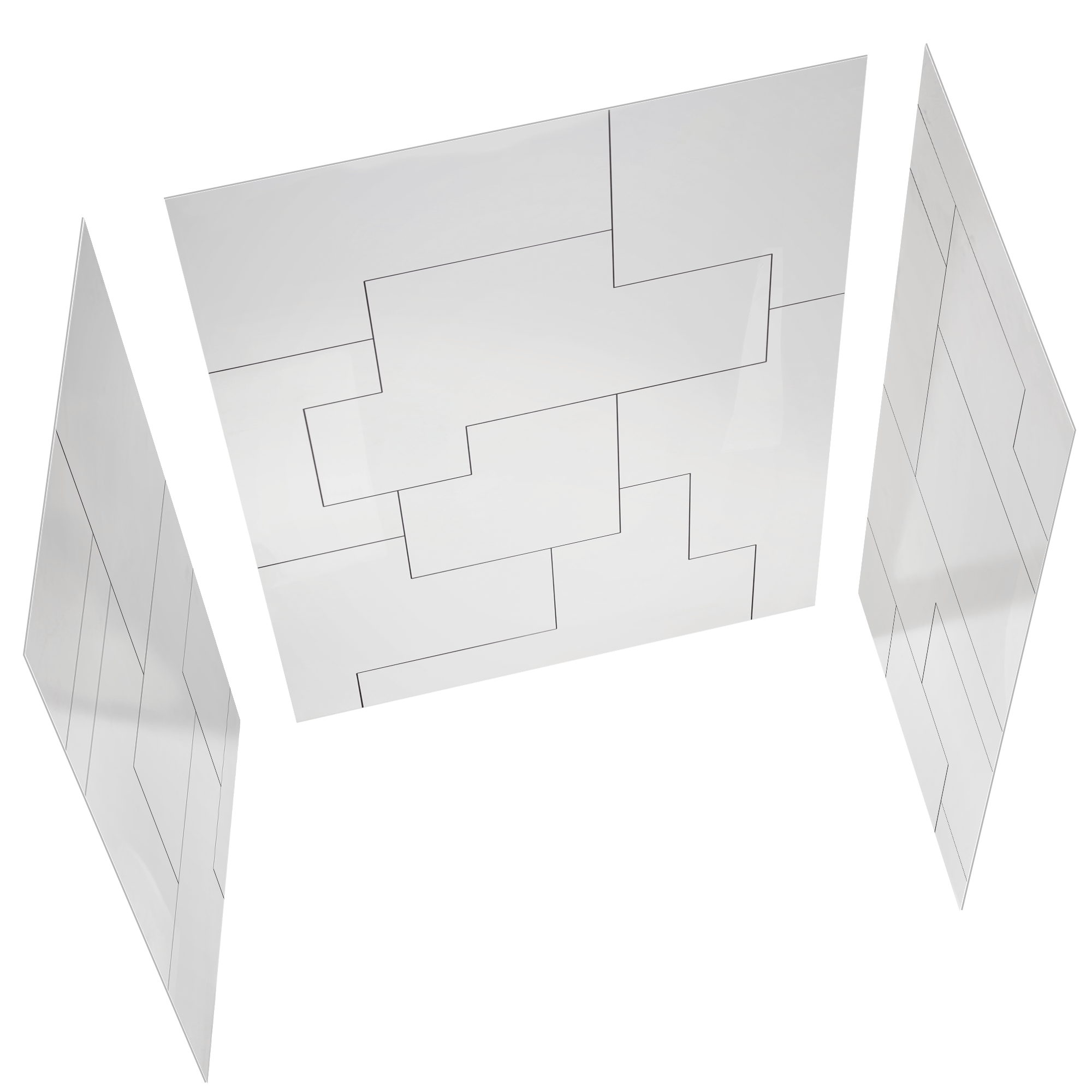 Three-panel white shower wall surround kit with CNC engraved geometric tile pattern on center and side panels