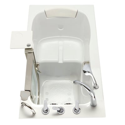 Overhead view of the Ella Royal walk-in tub showing built-in seat, anti-slip floor, chrome faucet, grab bar, and side tray