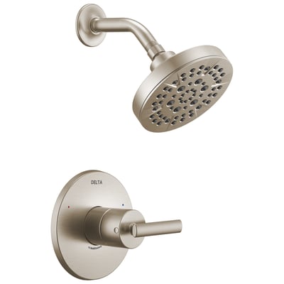 Embellecedor de ducha de níquel cepillado Delta Monitor Serie 14 con cabezal de ducha redondo tipo lluvia y maneta monomando