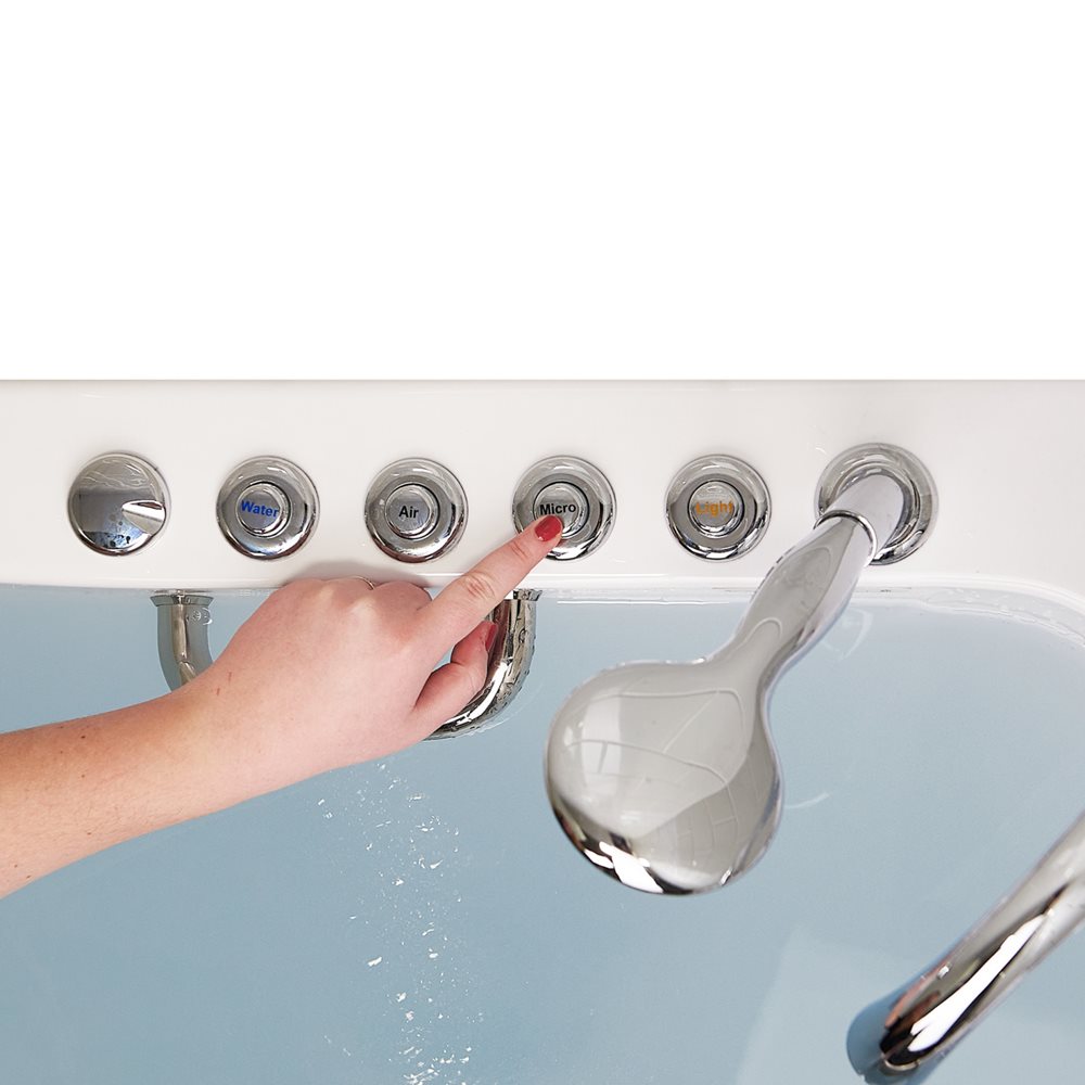 Hand pressing the Micro push button on an Ella Transfer60 walk-in tub panel with Water, Air and Light buttons