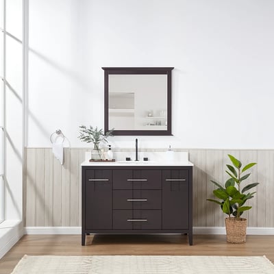 Meuble-lavabo de salle de bains moderne Florence sur pied avec plan en quartz blanc massif -