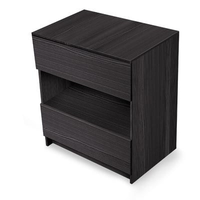 Mueble de lavabo de pie Ella EB en acabado de veta de madera oscura, con dos cajones y estante central abierto