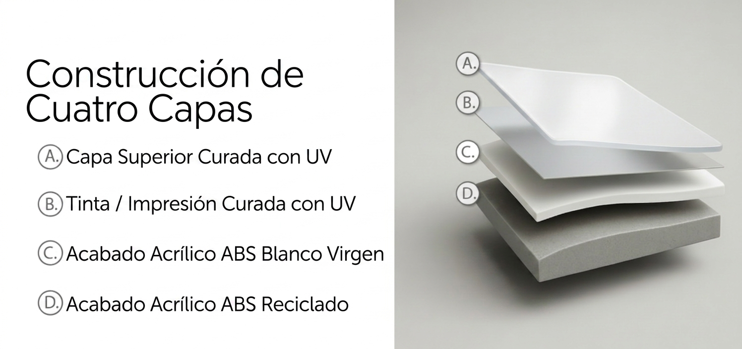 Diagrama de la construcción de cuatro capas de las paredes de ducha acrílicas de Ella: capa superior UV, tinta UV, acrílico ABS virgen y acrílico ABS reciclado