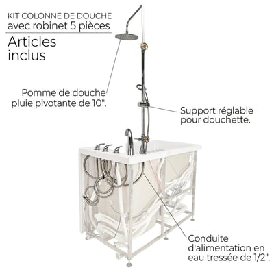 Kit de colonne de douche pour baignoire à porte avec robinet 5 pièces montrant la pomme de douche à effet pluie, le support de douchette réglable et la conduite d’alimentation en eau tressée