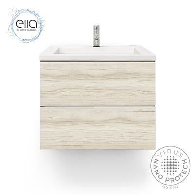 Meuble-lavabo de salle de bain mural Ella’s Bubbles en chêne clair avec deux tiroirs et lavabo intégré blanc avec robinet chromé