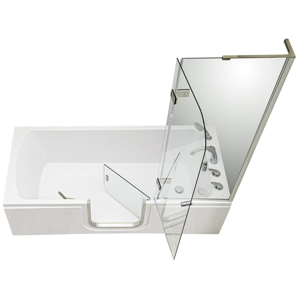 Ella lay-down walk-in tub with open inward swing door and folding glass shower enclosure panels - 32x72 inch acrylic