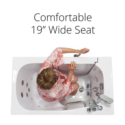 Senior woman seated on the 19-inch wide seat inside the Ella Mobile walk-in tub shown from a top-down view