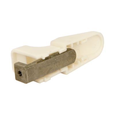 Close-up of a white plastic and metal walk-in tub door latch replacement part on a white background