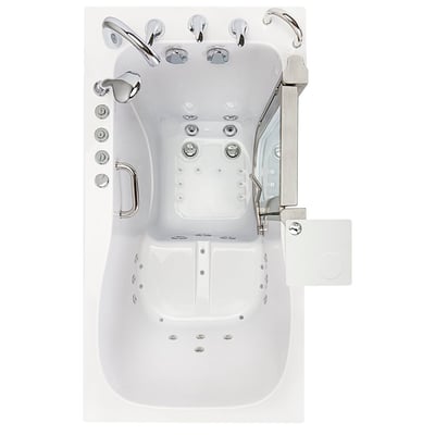 Vue de dessus de la baignoire à porte Ella Deluxe 30 × 55 montrant les jets de massage hydro et à air, les barres d’appui et la porte en acier inoxydable