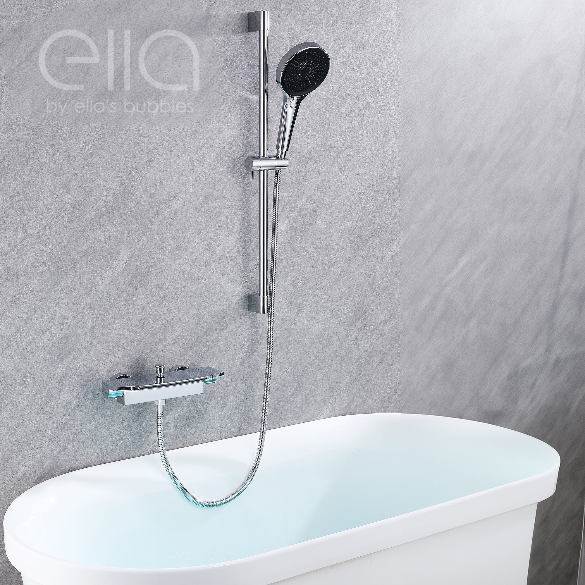 Chrome handheld showerhead on adjustable slide bar with thermostatic faucet above an Ella's Bubbles walk-in tub