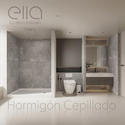 Paneles de pared de ducha encajables sin juntas Brushed Concrete que revisten una cabina de ducha a ras moderna con base blanca
