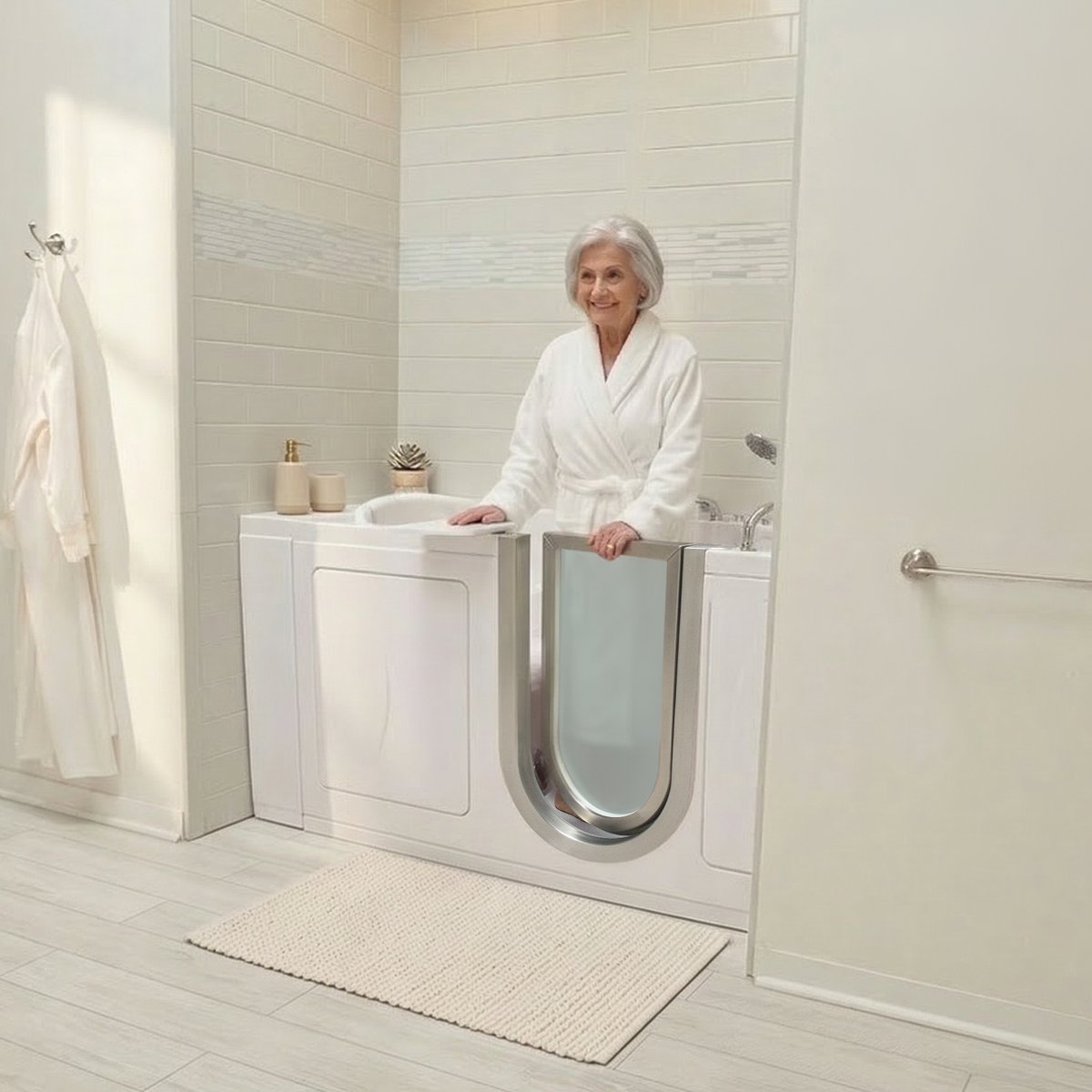 Femme âgée souriante debout à côté de la baignoire à porte Ella Petite, sa porte en acier inoxydable ouverte
