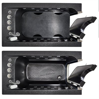 Overhead comparison of black pet spa walk-in tub showing interior with anti-slip floor, hydrotherapy jets, and open door latch