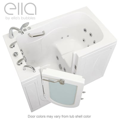 Ella Monaco walk-in tub with outward swing door open, hydro jets, chrome faucet, and grab bars on white acrylic shell