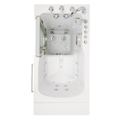 Front view of Ella Ultra acrylic walk-in tub with open door showing hydro jets, grab bar, and chrome faucet fixtures
