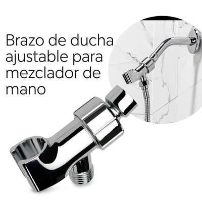 Brazo de ducha ajustable cromado para mezclador de mano con soporte de ducha de mano mostrado instalado en pared de mármol