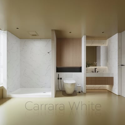 Modern accessible shower stall with Carrara White marble-look surround panels in a sleek neutral bathroom
