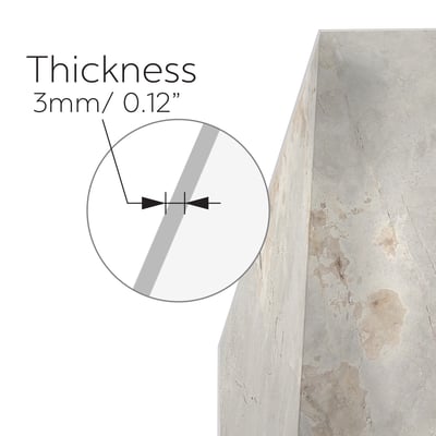 Close-up diagram showing 3mm thick Glided Stone shower wall panel with magnified cross-section detail