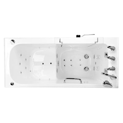 Overhead view of Ella's Bubbles lounger walk-in tub with outward swing door, hydro jets, anti-slip floor, and chrome faucets
