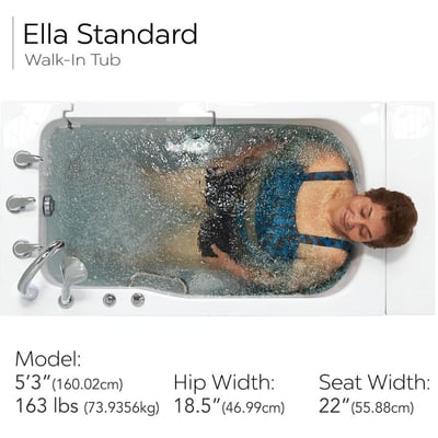 Overhead view of woman soaking in Ella Standard walk-in tub with dimensions showing 22-inch seat width and 18.5-inch hip widt