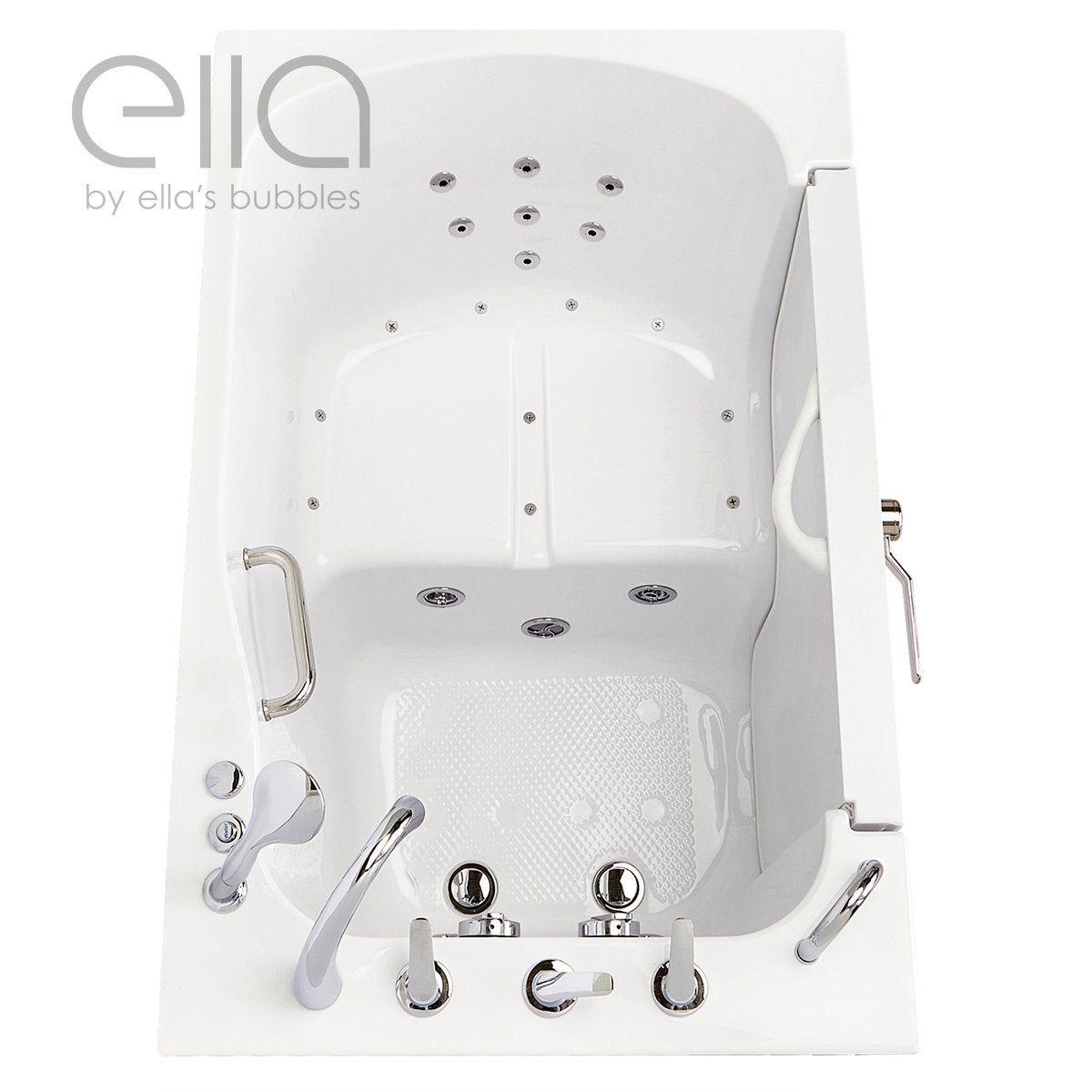 Overhead view of the Ella TransferXXL walk-in tub showing its 29 inch built-in seat, air jets and grab bars