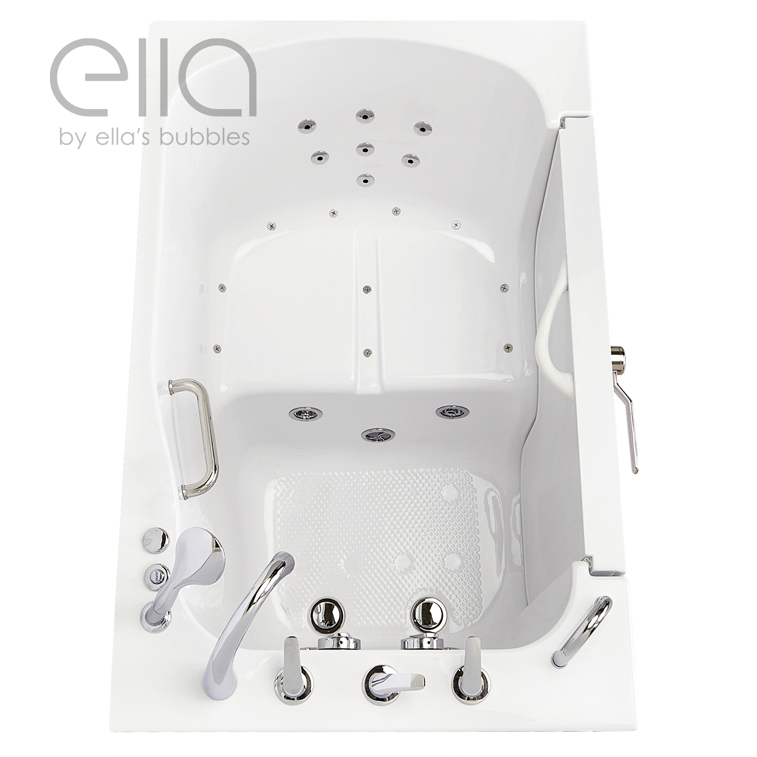 Overhead view of the Ella TransferXXL walk-in tub showing its 29 inch built-in seat, air jets and grab bars