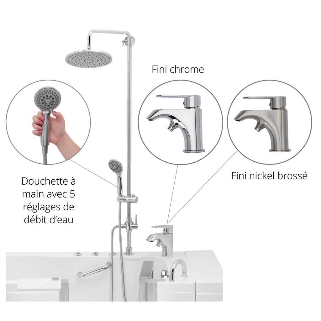 Kit de colonne de douche pour baignoire à porte montrant la pomme de douche à effet pluie, la douchette à 5 réglages, et les options de finition de robinet en chrome et nickel brossé