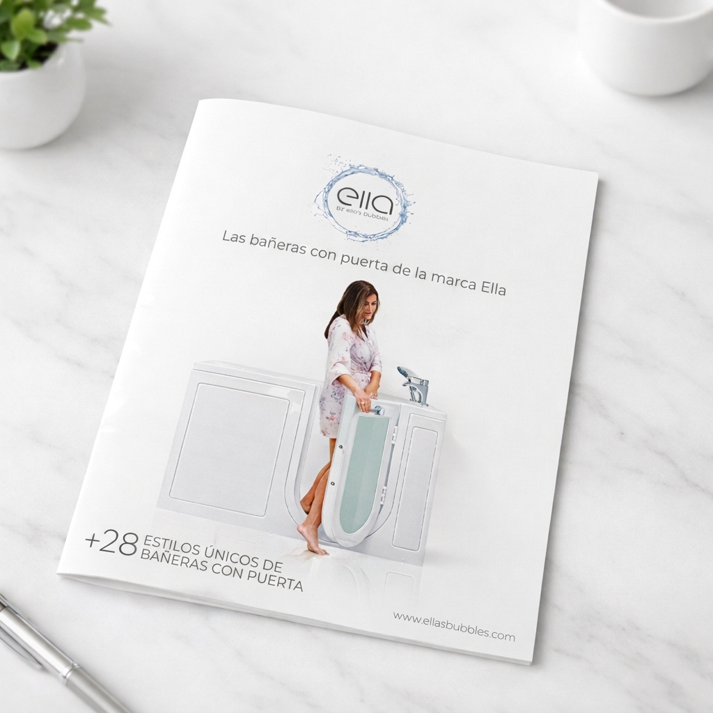 Catálogo de productos de bañeras con puerta de Ella's Bubbles sobre una superficie de mármol, con una mujer en bata floral entrando en una bañera con puerta