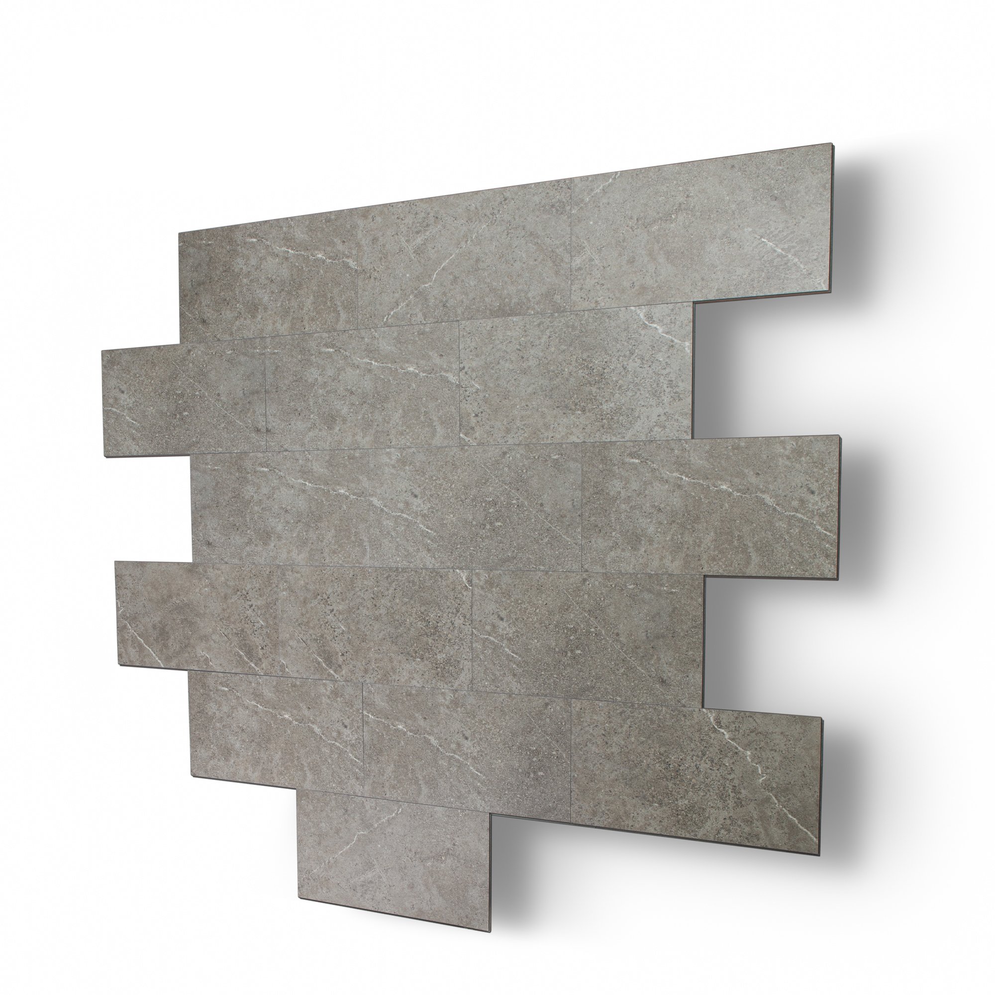 Gray Corintia marble-look rectangular wall tiles arranged in a staggered brick pattern for accessible shower walls