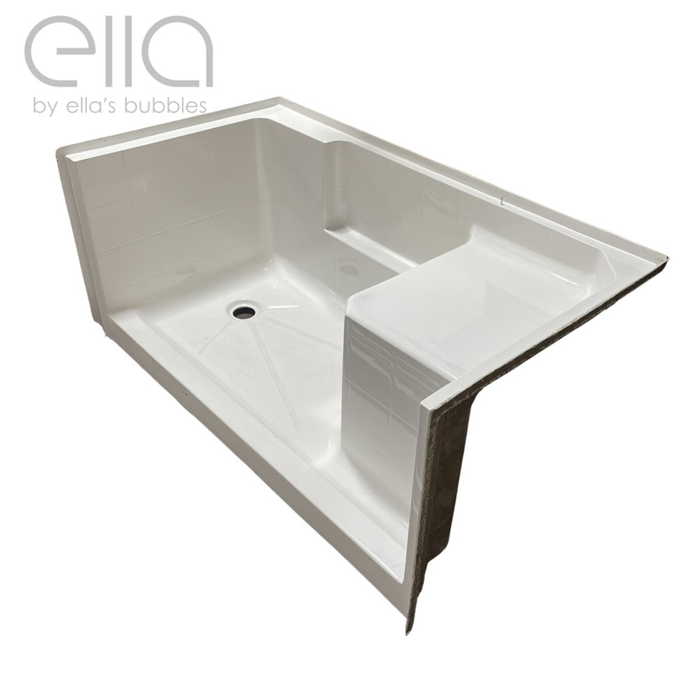 Ella AcrylX 33 by 60 inch shower base with molded seat and center drain