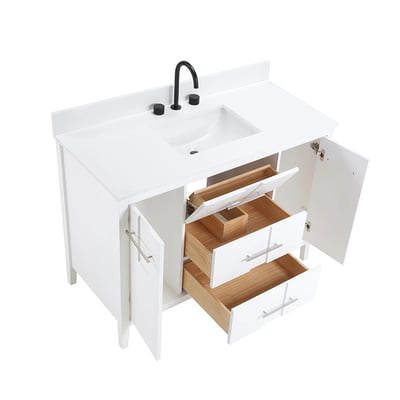 Meuble-lavabo de salle de bains moderne Florence sur pied avec plan en quartz blanc massif -