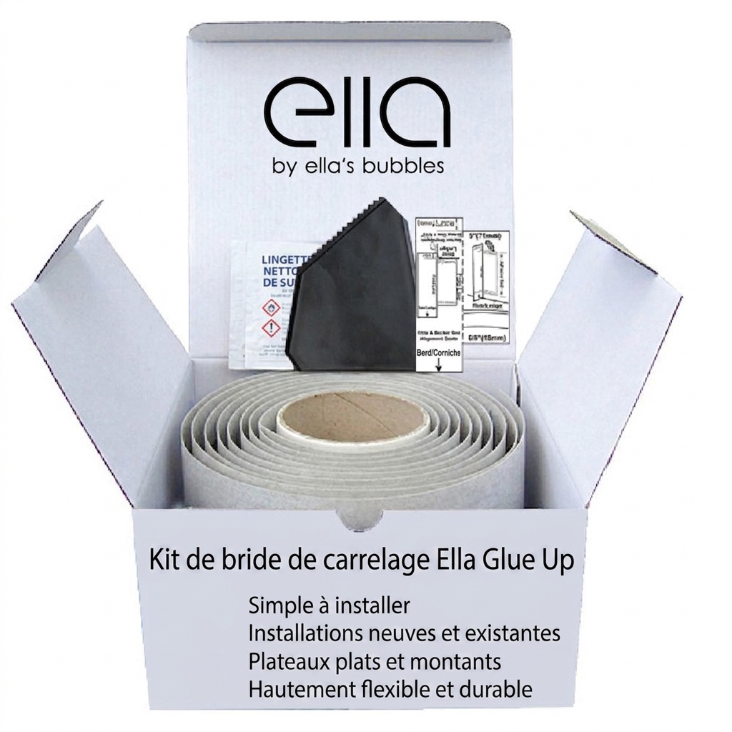 Boîte du kit de rebord à carreler à coller Ella avec le rouleau de membrane souple, la lingette de nettoyage et la notice