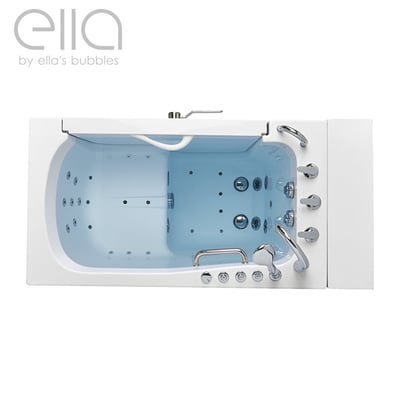 Overhead view of the Ella Transfer30 wide-door walk-in bathtub showing hydro jets, air jets, and chrome grab bars