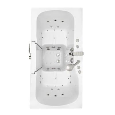 Overhead view of Ella Tub4Two walk-in bathtub showing dual air and hydro massage jets, foot massage zone, and outward swing door