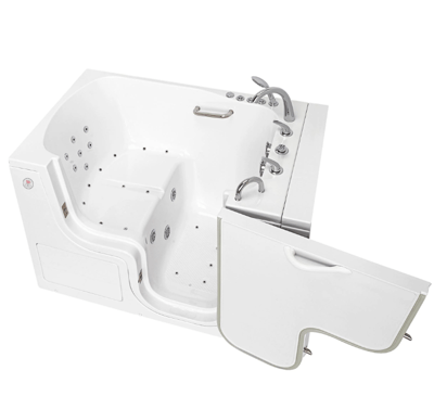Baignoire à porte Ella blanche avec porte battante ouverte vers l’extérieur, jets d’air, jets d’hydrothérapie, barre d’appui et commandes de robinetterie chromées